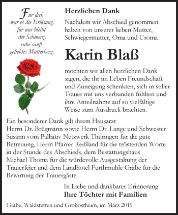 Traueranzeige von Karin Blaß von Thüringer Allgemeine, Thüringische Landeszeitung