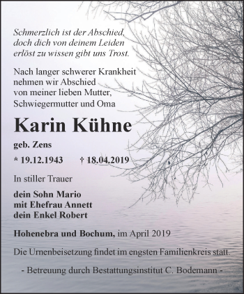 Traueranzeige von Karin Kühne von Thüringer Allgemeine