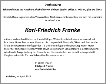 Traueranzeige von Karl-Friedrich Franke von Thüringer Allgemeine