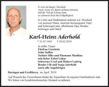 Traueranzeige von Karl-Heinz Aderhold von Thüringer Allgemeine