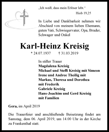 Traueranzeige von Karl-Heinz Kreisig von Ostthüringer Zeitung