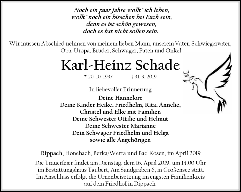  Traueranzeige für Karl-Heinz Schade vom 10.04.2019 aus Thüringer Allgemeine, Thüringische Landeszeitung