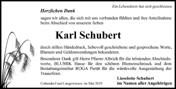 Traueranzeige von Karl Schubert von Thüringer Allgemeine