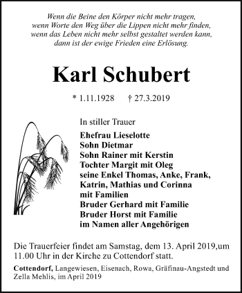 Traueranzeige von Karl Schubert von Thüringer Allgemeine