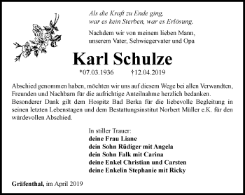 Traueranzeige von Karl Schulze von Ostthüringer Zeitung