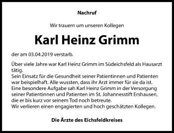 Traueranzeige von Karl Heinz Grimm von Thüringer Allgemeine