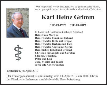 Traueranzeige von Karl Heinz Grimm von Thüringer Allgemeine