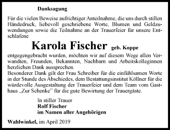 Traueranzeige von Karola Fischer von Ostthüringer Zeitung, Thüringische Landeszeitung