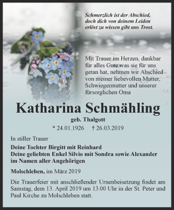 Traueranzeige von Katharina Schmähling von Ostthüringer Zeitung, Thüringische Landeszeitung