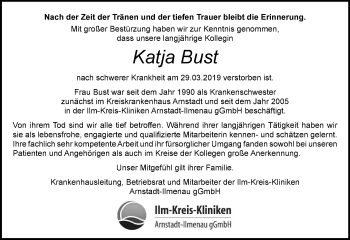 Traueranzeige von Katja Bust von Thüringer Allgemeine