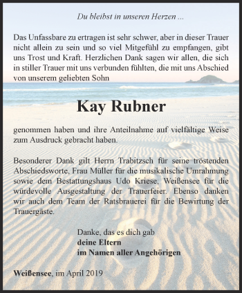 Traueranzeige von Kay Rubner von Thüringer Allgemeine