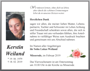 Traueranzeige von Kerstin Weiland von Thüringer Allgemeine