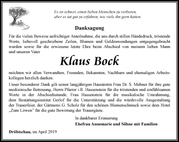 Traueranzeige von Klaus Bock von Ostthüringer Zeitung