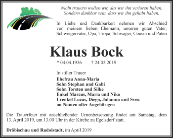 Traueranzeige von Klaus Bock von Ostthüringer Zeitung