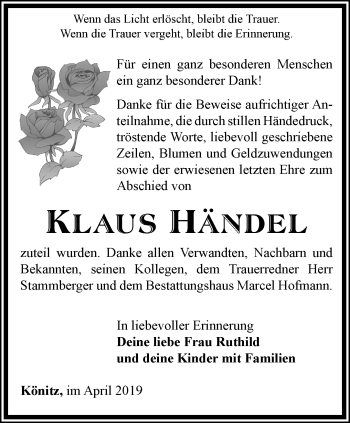 Traueranzeige von Klaus Händel von Ostthüringer Zeitung