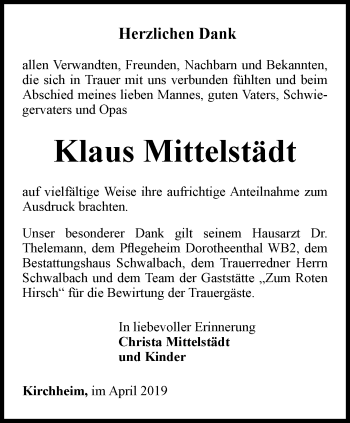 Traueranzeige von Klaus Mittelstädt von Thüringer Allgemeine