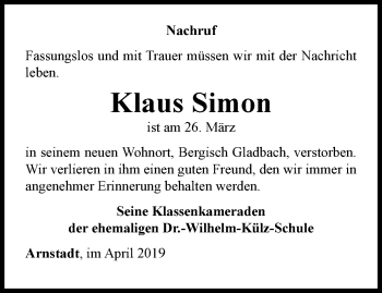 Traueranzeige von Klaus Simon von Thüringer Allgemeine