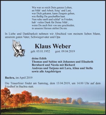 Traueranzeige von Klaus Weber von Thüringer Allgemeine