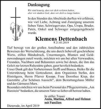 Traueranzeige von Klemens Dettenbach von Thüringer Allgemeine