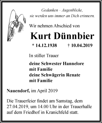 Traueranzeige von Kurt Dünnbier von Thüringer Allgemeine, Thüringische Landeszeitung