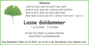 Traueranzeige von Lasse Goldammer von Ostthüringer Zeitung, Thüringische Landeszeitung