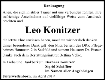 Traueranzeige von Leo Konitzer von Ostthüringer Zeitung