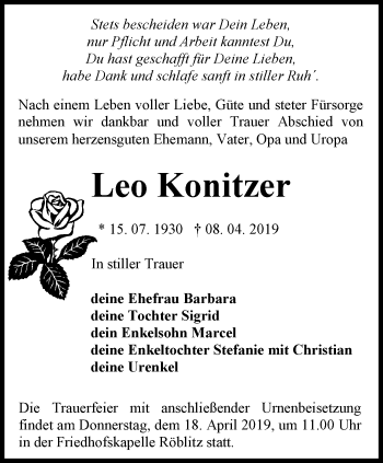 Traueranzeige von Leo Konitzer von Ostthüringer Zeitung