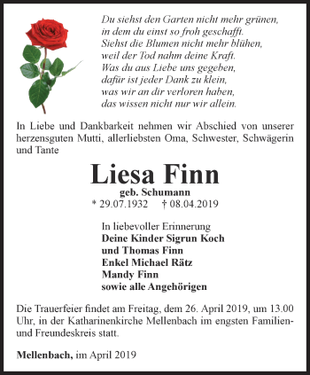 Traueranzeige von Liesa Finn von Ostthüringer Zeitung