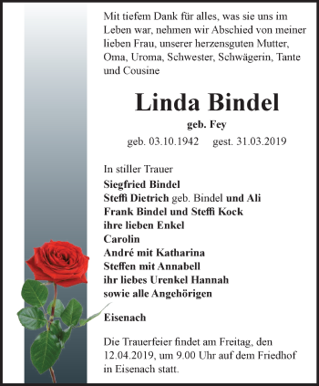 Traueranzeige von Linda Bindel von Thüringer Allgemeine, Thüringische Landeszeitung