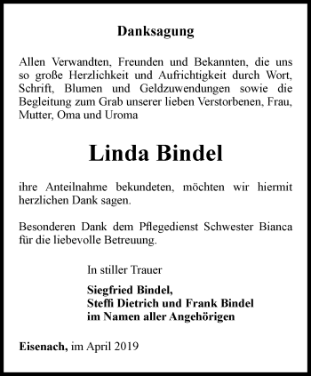 Traueranzeige von Linda Bindel von Thüringer Allgemeine, Thüringische Landeszeitung