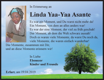 Traueranzeige von Linda Yaa-Yaa Asante von Thüringer Allgemeine, Thüringische Landeszeitung