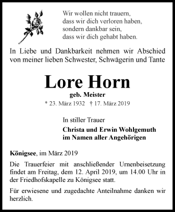 Traueranzeige von Lore Horn von Ostthüringer Zeitung