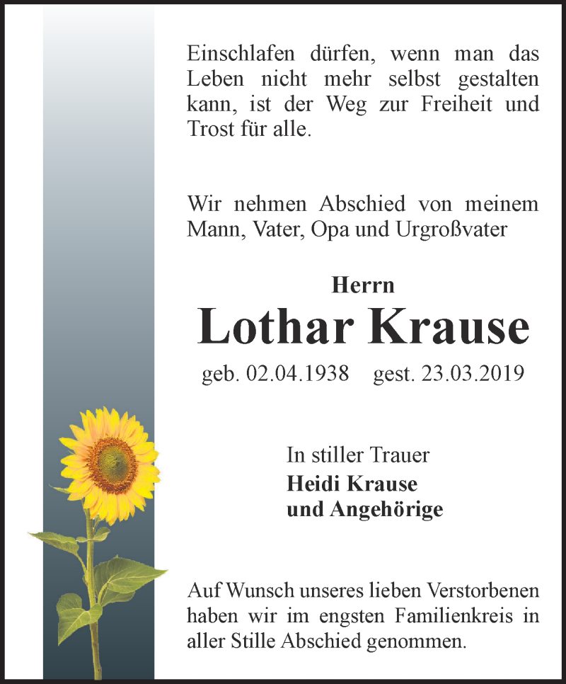  Traueranzeige für Lothar Krause vom 15.04.2019 aus Ostthüringer Zeitung