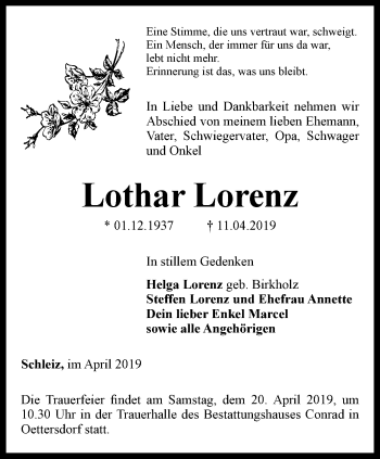 Traueranzeige von Lothar Lorenz von Ostthüringer Zeitung