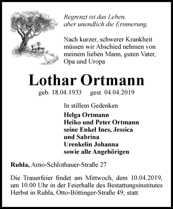 Traueranzeige von Lothar Ortmann von Thüringer Allgemeine, Thüringische Landeszeitung