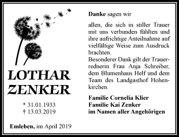 Traueranzeige von Lothar Zenker von Ostthüringer Zeitung, Thüringische Landeszeitung