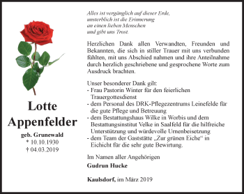 Traueranzeige von Lotte Appenfelder von Ostthüringer Zeitung