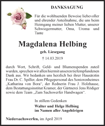 Traueranzeige von Magdalena Helbing von Thüringer Allgemeine