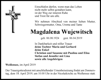 Traueranzeige von Magdalena Wujewitsch von Thüringer Allgemeine