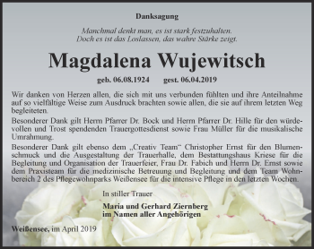 Traueranzeige von Magdalena Wujewitsch von Thüringer Allgemeine