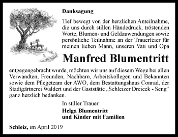 Traueranzeige von Manfred Blumentritt von Ostthüringer Zeitung
