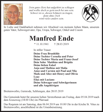 Traueranzeige von Manfred Ende von Thüringer Allgemeine