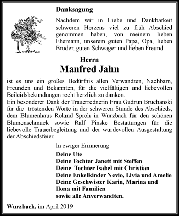 Traueranzeige von Manfred Jahn von Ostthüringer Zeitung