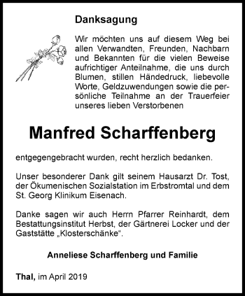 Traueranzeige von Manfred Scharffenberg von Thüringer Allgemeine, Thüringische Landeszeitung
