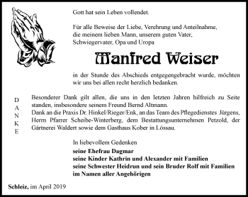 Traueranzeige von Manfred Weiser von Ostthüringer Zeitung