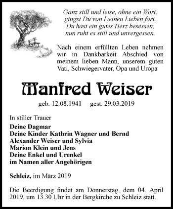 Traueranzeige von Manfred Weiser von Ostthüringer Zeitung
