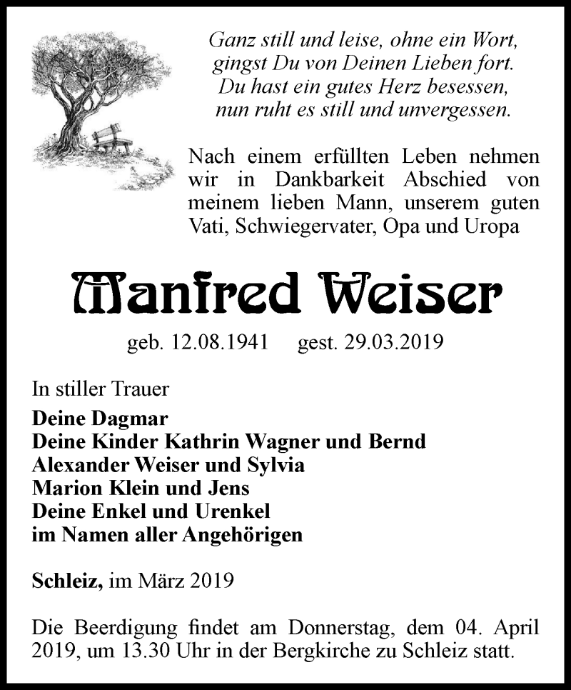  Traueranzeige für Manfred Weiser vom 02.04.2019 aus Ostthüringer Zeitung