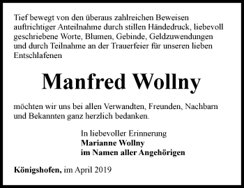 Traueranzeige von Manfred Wollny von Ostthüringer Zeitung