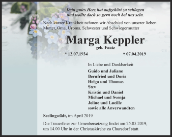 Traueranzeige von Marga Keppler von Ostthüringer Zeitung