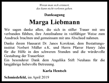 Traueranzeige von Marga Liebmann von Ostthüringer Zeitung